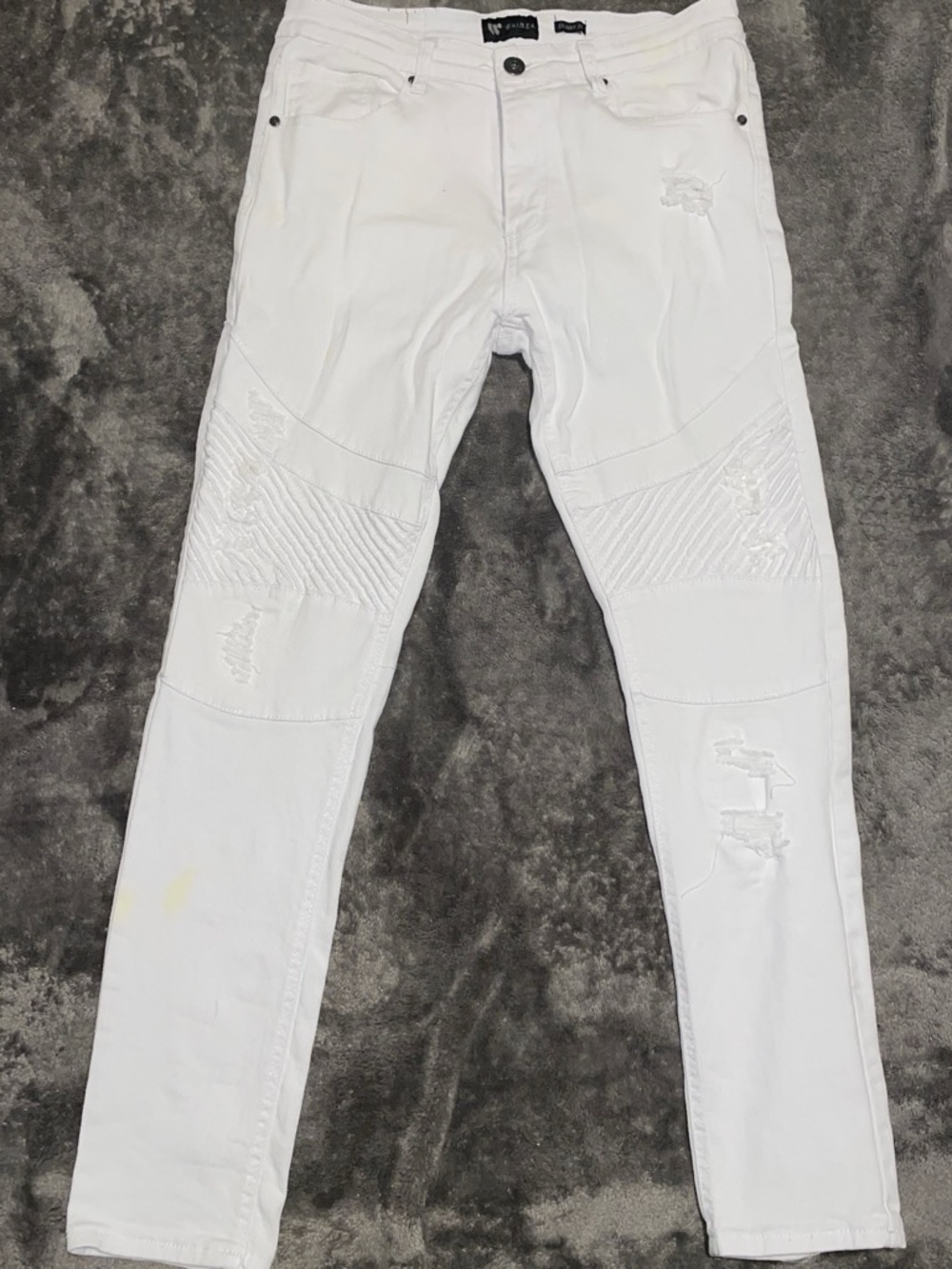 Slim Fit White Distressed Moto Jeans - Unbranded